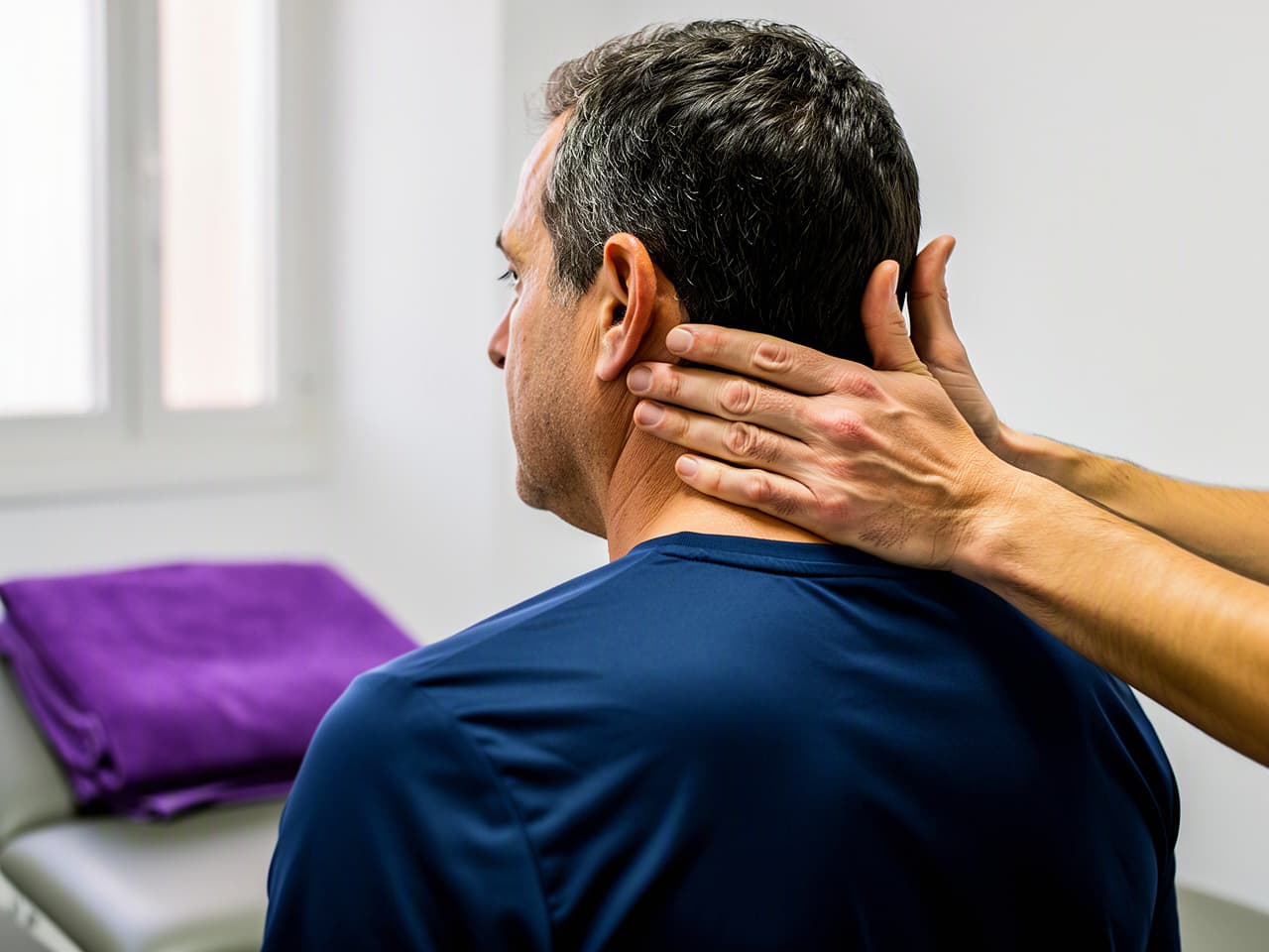 Persona adulta sentada mientras unas manos valoran suavemente la zona del cuello